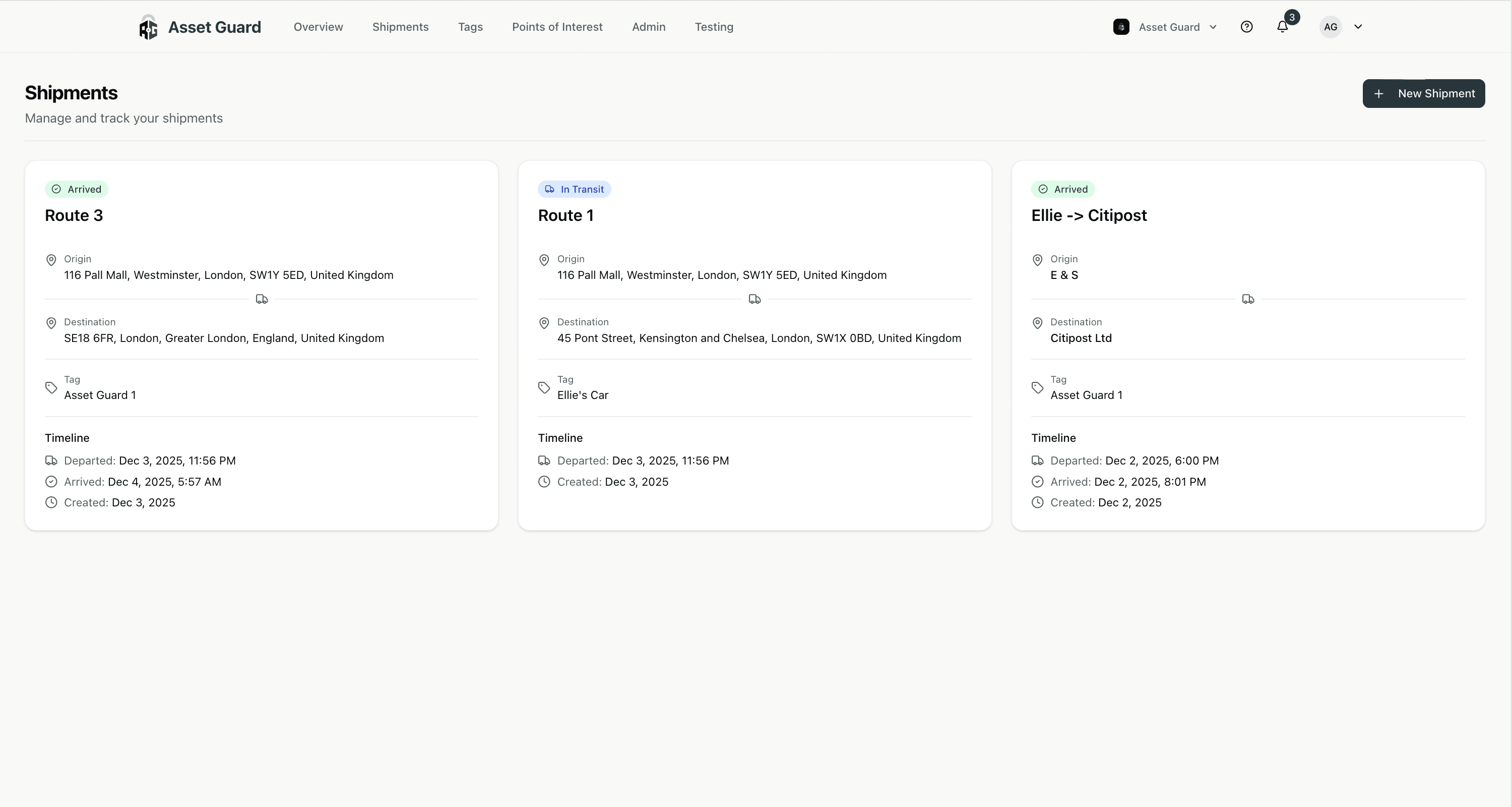 Shipments dashboard